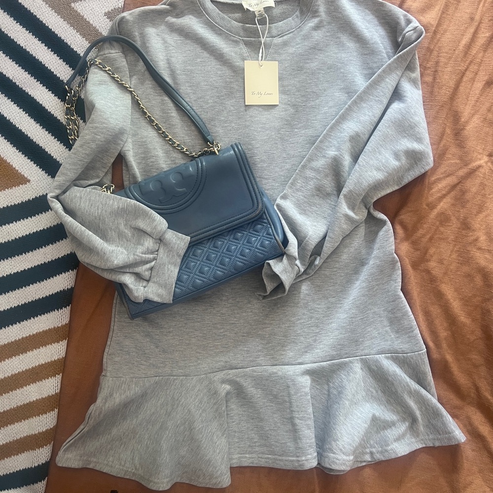 To My Lovers Gray sweatshirt dress with ruffle hem. NWT